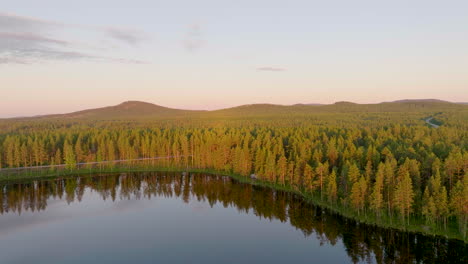 Spruce-Forest-With-Reflections-On-The-Calm-Waters-Of-Lake-At-Midnight-In-Lapland,-Sweden