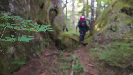 Hiker-Walking-Away-from-Camera-Between-Rocks-in-Background---Mackenzie-Range,-Vancouver-Island,-BC,-Canada