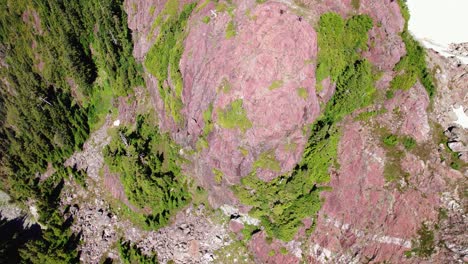 Aerial-Top-Down-Flying-Up-of-Summit---Mackenzie-Range,-Vancouver-Island,-BC,-Canada