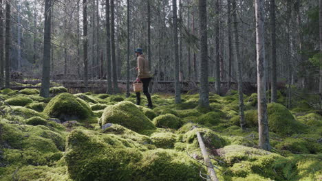 Man-holding-basket-walks-on-mossy-forest-looking-for-Mushroom-or-berries,-Nordic-Landscape