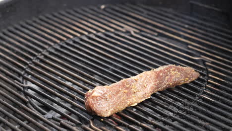 Placing-a-marinated-tri-tip-cuts-of-beef-on-the-backyard-hot-coal-grill---sizzling-and-smoking-in-slow-motion