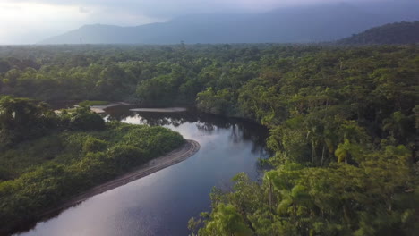Aerial-view-of-the-river-Una,-in-the-Atlantic-Rainforest,-São-Sebastião,-Brazil