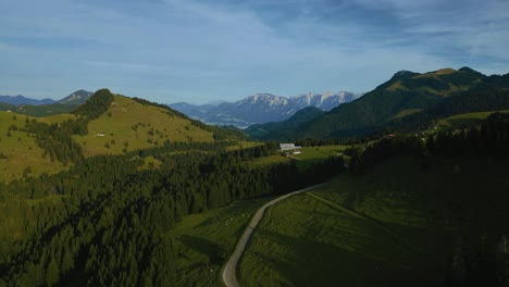 Cinematic-green-grass-meadows-in-the-romantic-and-idyllic-Bavarian-Austrian-Sudelfeld-Wendelstein-alps-mountain-peaks-with-panorama-view-road