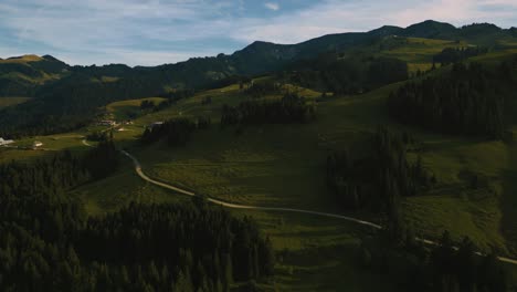 Bavarian-Austrian-Sudelfeld-Wendelstein-alps-mountain-peaks-with-romantic-and-idyllic-green-grass-meadows-and-panorama-view-road