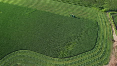 In-Door-County,-WI,-a-farmer-on-a-John-Deere-tractor,-cuts-his-alfalfa-field-in-late-August-13