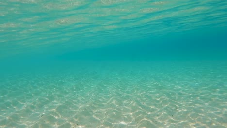 Swimming-underwater-in-clear-blue-shallow-ocean-with-sandy-bottom-and-light-shimmering-through