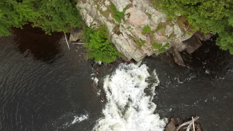 Birds-Eye-Shot-Creek-With-Small-Waterfall-and-Green-River-Bank-With-Pine-Trees