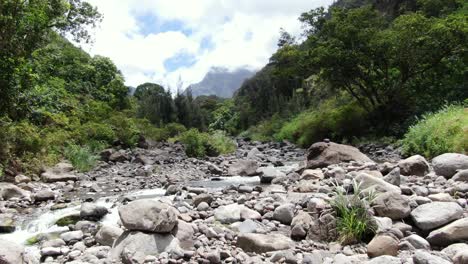 Narrow-stream-of-water-running-downstream-through-Iao-Valley,-tropical-island-scenery-of-Maui