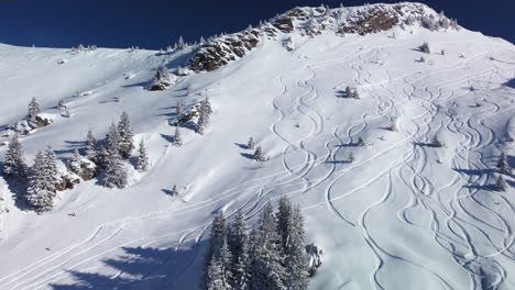 Ski-tracks-wind-through-fresh-powder,-Avoriaz-Ski-Resort-in-French-Alps