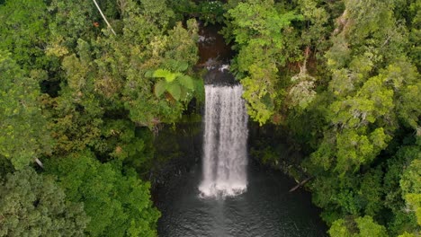 Drone-crane-shot-descending-down-past-beautiful-secluded-waterfall-in-tropical-rainforest-with-lush-green-tones