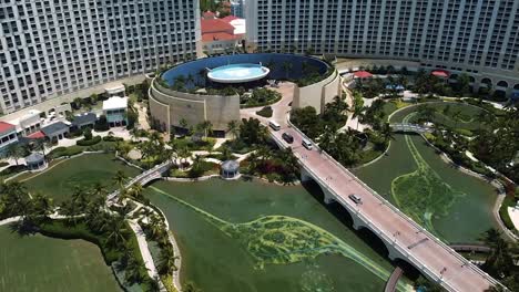 Drone-Aerial-footage-of-Bahamas-luxury-resort-Grand-Hyatt-Baha-Mar-beachfront-villa-near-Nassau