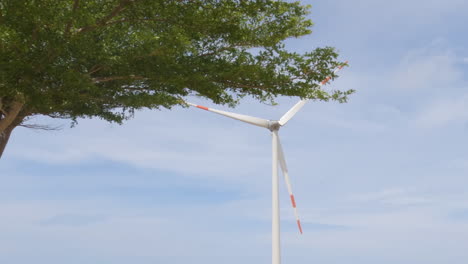 Zeitlupe,-Windkraftanlage-Zur-Erzeugung-Erneuerbarer-Energie.-Vorbeiziehende-Bäume