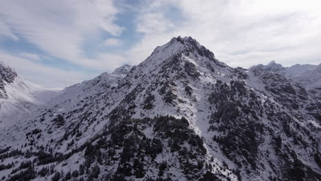 Impresionante-Cordillera-Escarpada-De-Andorra-Con-Nieve,-árboles-Y-Nubes-Pesadas