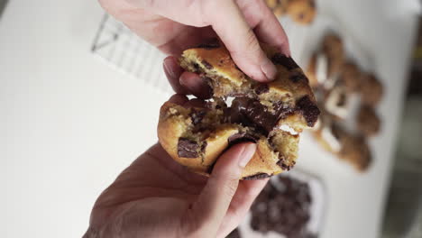 Vertical-Shot-Of-Hands-Breaking-Freshly-Baked-Chocolate-Chip-Cookie