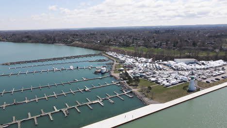 Boats-Storage-Area,-Outside-Nautical-Parking-Dock-for-Sailing-Yachts-and-Leisure-Boats-at-Port-Dalhousie-Pier-Ontario-Canada,-Off-Season-Harbor-Marina-Coastal-Waterfront-Landscape,-Aerial-View