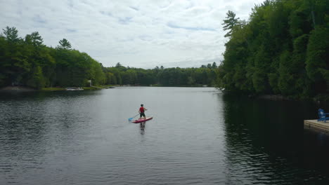 Aerial-view-passes-a-woman-paddle-boarding-down-a-river-on-a-cloudy-day,-then-passes-by
