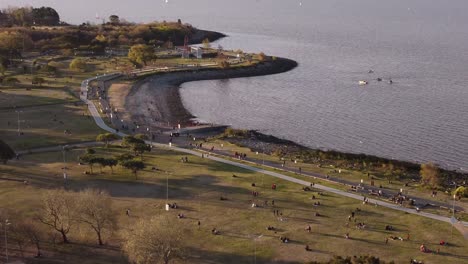 Birds-eye-view-of-the-coastal-park-of-Vicente-Lopez-in-Buenos-Aires-at-sunset