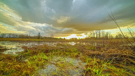 Low-angle-hyper-lapse-of-flooded-marshes-at-sunset-while-clouds-cross-the-sky