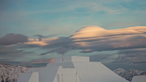 Timelapse-view-over-stunning-cloud-formations-at-sunset-over-snow-park---Suzuki-Nine-Knights-event-at-Watles-Ski-Resort,-Italy