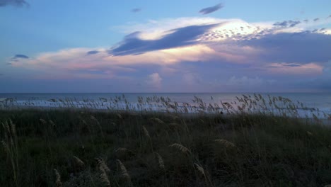 Sunset-aerial-pullout-over-sea-oats-at-carolina-beach-nc,-north-carolina
