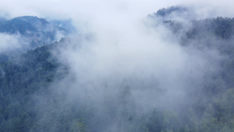 Vista-Aérea-Atravesando-Grandes-Nubes-Blancas-Malhumoradas-Sobre-Un-Oscuro-Bosque-De-Montaña,-En-Vosges,-Francia,-4k