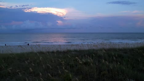 Aerial-pullout-over-sea-oats-on-dunes-at-sunset-at-carolina-beach-nc,-north-carolina