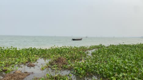 An-old-and-wooden-unmanned-boat-anchored-in-the-middle-of-the-sea-and-the-shore-is-covered-with-green-plant