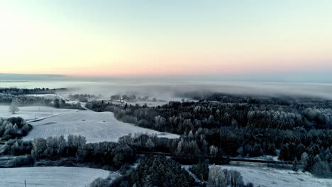 Flying-over-a-rural-winter,-snowy-landscape-with-low-lying-fog-in-the-frosty-evergreen-forest