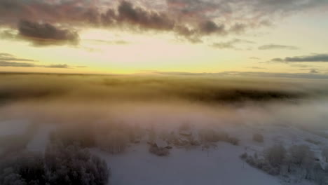 Winter-landscape-with-low-valley-fog-over-the-farm-fields-and-forest-at-sunrise---aerial-flyover