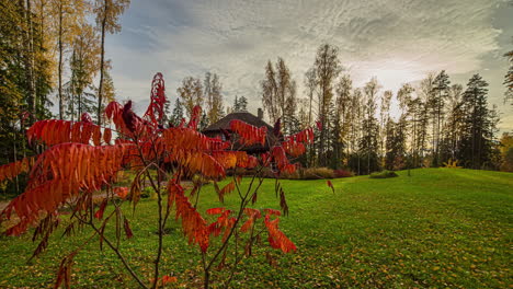 Timelapse-shot-of-a-wooden-cottage-by-the-side-of-a-lake-in-an-autumn-morning