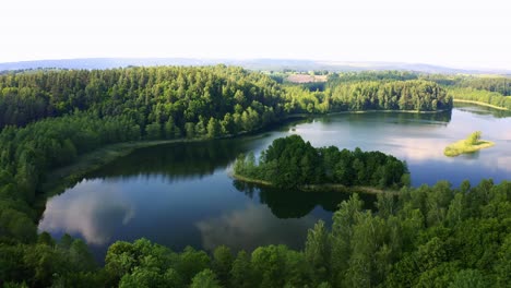 Drone-flying-over-a-lake-with-a-forest-island-inside
