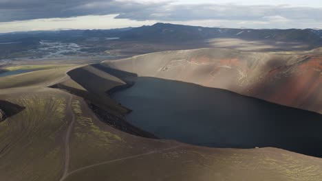 Aerial-panning-shot-of-spectacular-Ljotipollur-Volcano-Crater-Landscape-in-Iceland