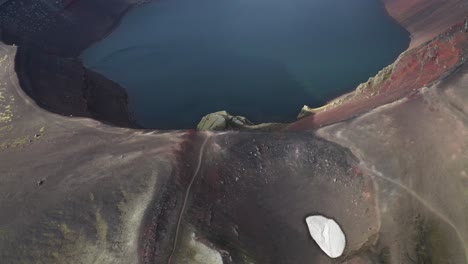 Aerial-top-down-shot-inside-Ljotipollur-Crater-with-volcanic-lake-in-Iceland