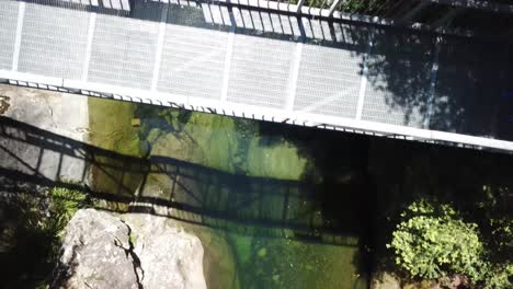 Drone-flies-over-a-walkway-bridge-that-crosses-a-mountain-stream-in-Australia