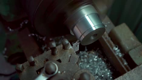 Lathe-machine-close-up,-above-view-of-heavy-industry-metal-working-equipment,-metalworking-concept