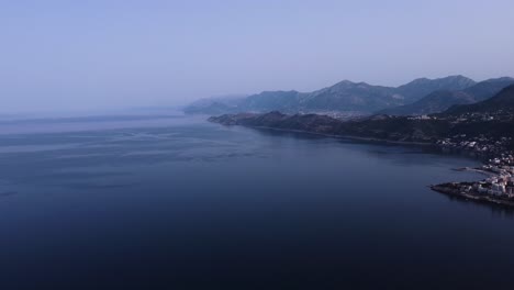 Hazy-view-of-Montenegro-mountainous-shore-at-Adriatic-sea,-aerial