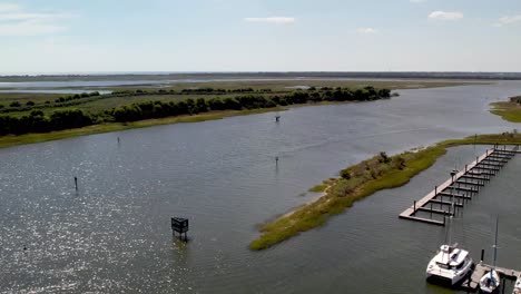 Cape-fear-river-at-southport-nc,-north-carolina-aerial-with-marina-in-foreground