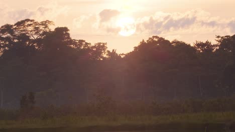 Tilt-up-showing-the-reflection-shimmering-on-water-to-the-sun-in-the-sky-hidden-behind-the-clouds-over-the-amazon-rain-forest
