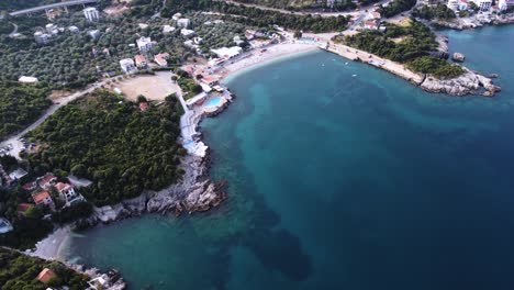 Utjeha-Beach-Uvala-Maslina-with-perfect-blue-water-on-Adriatic-coast,-aerial