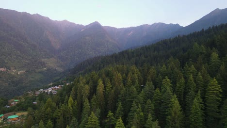 Tiro-De-Drone-De-Un-Bosque-En-El-Valle-De-Sainj-En-Himachal-Pradesh-Cerca-De-Manali,-Kasol