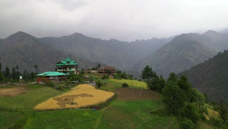 Drone-Shot-of-a-small-village-in-Sainj-Valley-in-Himachal-Pradesh-near-Manali,-Kasol-11