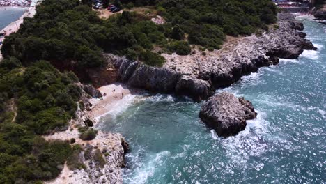 Secluded-nudist-beach-on-shore-of-Adriatic-sea,-aerial