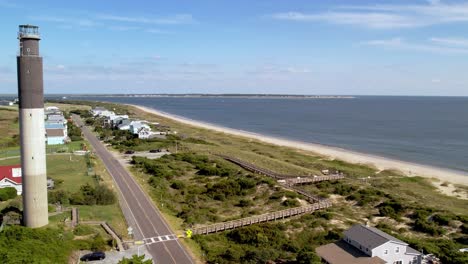 Aerial-fly-by-the-oak-island-lighthouse-at-caswell-beach-nc,-north-carolina