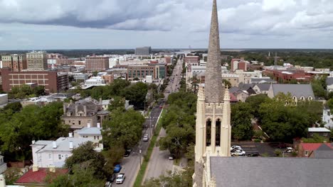 Wilmington-NC,-North-Carolina-downtown-aerial-orbiting-a-church-steeple
