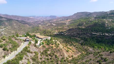 Aerial-drone-footage-of-Holy-monastery-of-Panagia-Amirous-in-Apsiou,-Limassol,-Cyprus