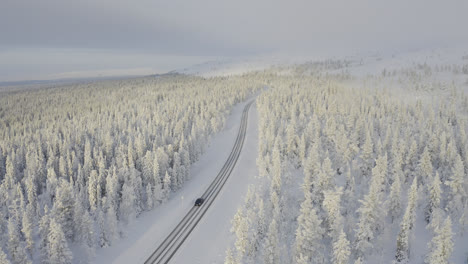Aerial-view-of-a-winter-road-in-the-middle-of-snow-covered-forest-with-cars-driving