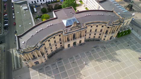 Fantastic-aerial-view-flight-pedestal-down-drone
of-Faculty-of-Law-Humboldt-University-unter-den-Linden-in-Berlin-Germany-at-summer-day-2022
