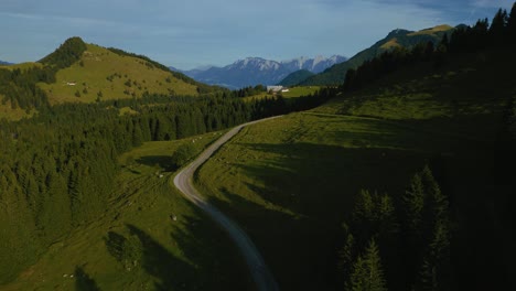 Bavarian-Austrian-Sudelfeld-Wendelstein-alps-mountain-peaks-with-romantic-and-scenic-green-grass-meadows-and-panorama-view-road