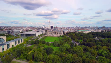 Beautiful-aerial-view-flight-panorama-overview-drone
of-Reichstag-at-Tiergarten-in-Government-district-Berlin-Germany-at-summer-day-2022