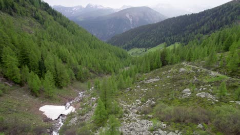 Aerial-drone-footage-slowly-reversing-through-a-mountain-landscape-with-slopes-covered-in-larch-and-spruce-trees-with-patches-of-snow-in-Switzerland